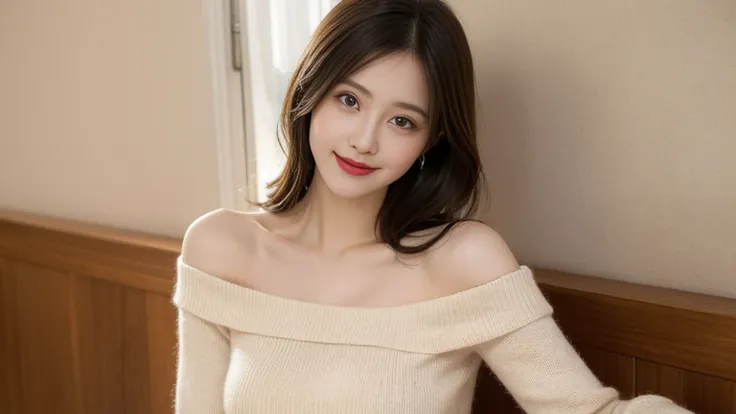  best quality, number, Super detailed, Finely, high resolution, 8k wallpaper, Perfect dynamic composition, Beautiful and delicate eyes,  Natural lip shape, Large Breasts, Casual sexy pose,RAW photos,Lovely,Smile、Bodycon knit dress、Large Breasts、Brown makes...