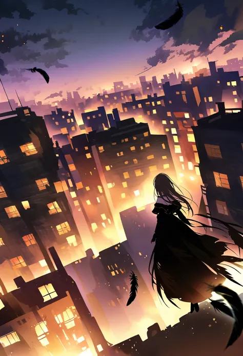 The image depicts a female angel floating above a city at night.。. The city lights shine golden、Create a dramatic atmosphere, Its delicate presence and black feathers contrast with the urban environment.。. Women seem protective and cautious.