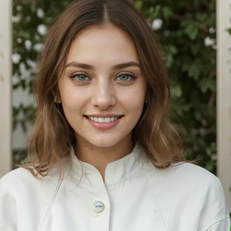 (8k, highest quality, ultra detailed:1.37, mid-range image), 1girl, white teethes, wide open eyes, 18yo, green jacket, light green eyes, small head, acne,bad skin,small nose, acne skin, real, thick hair, super realistic detailed eyes, super realistic detai...