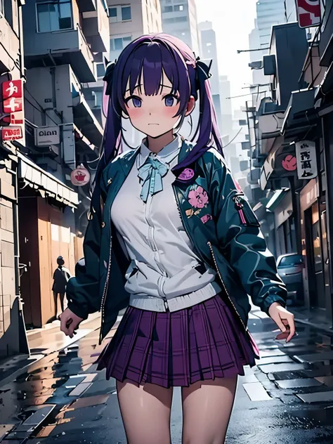 (masterpiece、highest quality、highest quality、Official Art、Beautiful and beautiful:1.2)、(One girl:1.3)Hatsune Miku、Twin tails,Beautiful breasts,Suck it up, Asymmetrical bangs, Blunt bangs, Diagonal bangs, (Purple eyes:1.1), Purple Hair, Twin tails, , Jacket...