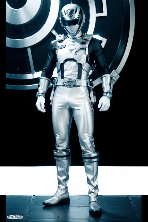 1boy, white, full body, Illustration, cinematic light, high resolution, best quality, ultra detailed, masterpiece, power suit, powerranger, suit, spd, (Silver ranger suit))