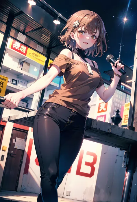 8k,highest quality,masterpiece,(((Pixel Perfect, 細部まin完璧))), 一people々in, 女の子1people々, Mycotrose, Brown eyes,Brown Hair,short hair,blush,Cold shoulder tops,Short sleeve,skinny pants,Stiletto heels,happy smile, smile, Open your mouth,whole bodyがイラストに入るように,Wa...