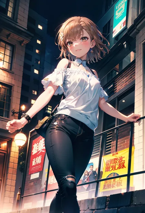 8k,highest quality,masterpiece,(((Pixel Perfect, 細部まin完璧))), 一people々in, 女の子1people々, Mycotrose, Brown eyes,Brown Hair,short hair,blush,Cold shoulder tops,Short sleeve,skinny pants,Stiletto heels,happy smile, smile, Open your mouth,whole bodyがイラストに入るように,Wa...