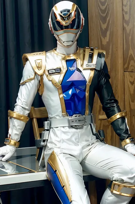 Fantasy background, cafe rpg style, empty chair, table, set of tea glass, (power rangers)), One guy、, ((white ranger suit)), red and blue chest armor with gold details,   costume, Solo, ((fit figure)), (Anatomically correct), Cowboy shot, masked face, guns...