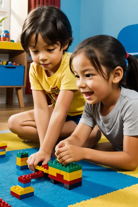 Kids playing with lego six bricks