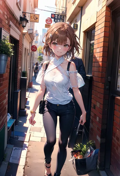 8k,highest quality,masterpiece,(((Pixel Perfect, 細部まin完璧))), 一people々in, 女の子1people々, Mycotrose, Brown eyes,Brown Hair,short hair,blush,Cold shoulder tops,Short sleeve,skinny pants,Stiletto heels,happy smile, smile, Open your mouth,whole bodyがイラストに入るように,Wa...