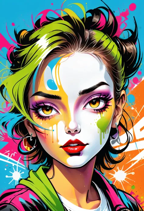 Graffiti caricatures,Fashion poster, sign that says the word,Publicity and casualness, Messy but organized,Bright colors and strong contrast,Simple, direct and crude,Personalization and Expression