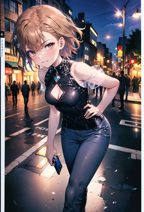 8k,highest quality,masterpiece,(((Pixel Perfect, 細部まin完璧))), 一people々in, 女の子1people々, Mycotrose, Brown eyes,Brown Hair,short hair,blush,Cold shoulder tops,Short sleeve,skinny pants,Stiletto heels,happy smile, smile, Open your mouth,whole bodyがイラストに入るように,Wa...