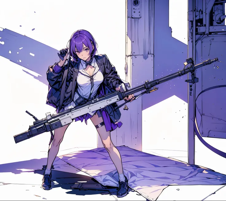 1girl, solo, short hair, skirt, shirt, gloves, white background, bow, holding, , purple eyes, white shirt, weapon, purple hair, pleated skirt, shoes, black gloves, socks, bowtie, holding weapon, gun, sneakers, holding gun, armband, rifle, grey skirt, heads...