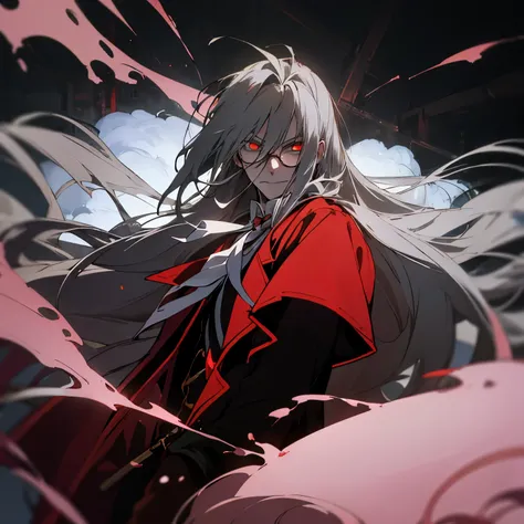 Alucard, The Charismatic Vampire from the Anime Series "Hellsing", He is an iconic figure with an impressive and ominous presence,His face has a pale complexion, Almost cadaverous, que contrasta fuertemente con su cabello oscuro y desordenado,Her crimson e...
