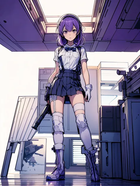 1girl, solo, short hair, skirt, shirt, gloves, white background, bow, holding, , purple eyes, white shirt, weapon, purple hair, pleated skirt, shoes, black gloves, socks, bowtie, holding weapon, gun, sneakers, holding gun, armband, rifle, grey skirt, heads...