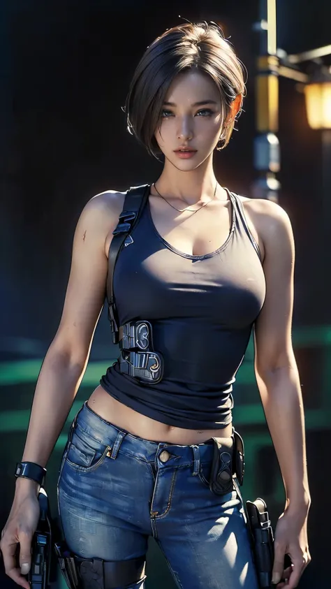 (One Woman),(whole body:1.5),(front:1.5),(((Jill Valentine is standing:1,5))),((Blue tank top:1.5)),((Dirty jeans:1.5)),(((black tactical holster:1.5))),((White sneakers:1.5)),((anger:1.5)),(short hair:1.5),(Dirty Face:1.5),(Beautiful Eyes:1.3),(Very detai...