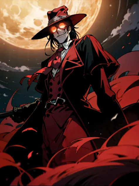 Alucard, The Charismatic Vampire from the Anime Series "Hellsing", He is an iconic figure with an impressive and ominous presence,His face has a pale complexion, Almost cadaverous, que contrasta fuertemente con su cabello oscuro y desordenado,Her crimson e...