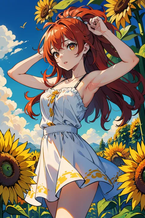 Masterpiece, highest quality, (Artistic illustration: 1.4), (AI persona: 1.3), Sora Crimson, short, fiery red hair, smooth skin with freckles, almond-shaped eyes, intelligent, curious, sunlit field, blooming sunflowers, bright yellow petals, striking visua...