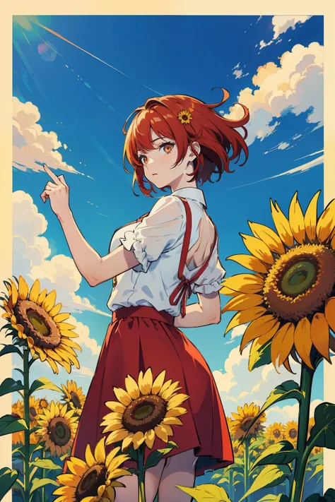 Masterpiece, highest quality, (Artistic illustration: 1.4), (AI persona: 1.3), Sora Crimson, short, fiery red hair, smooth skin with freckles, almond-shaped eyes, intelligent, curious, sunlit field, blooming sunflowers, bright yellow petals, striking visua...