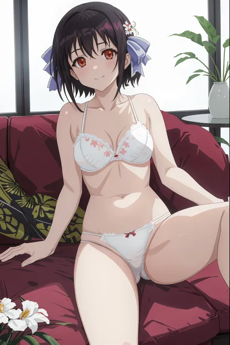 [[anime styled]],[[digitalart]],masterpiece,best quality,Tomomi_Xijing,(red eyes),black hair,Short hair,Hair Ribbon,(midium build),NSFW,1girl,((sitting on the couch,reclining)),face focus,short torso,Perfect Lighting,[perfect anatomy],,((nude)),((white flo...