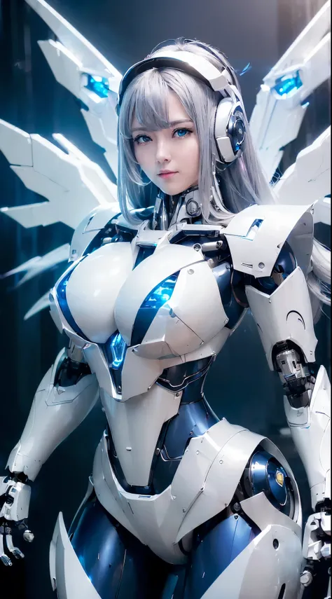 ((Intense action pose:1.6))、((Shining lenses on both breasts:1.3))、((Blue pillars of light are emanating from both chests.:1.3))、smile、((8k)), ((32k)), ((highest quality)), ((masterpiece)), ((超A high resolution)), ((Tmasterpiece)), ((halo:1.4))、((Mechaニカルh...