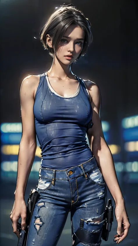 (One Woman),(whole body:1.5),(front:1.5),(((Jill Valentine is standing:1,5))),((Blue tank top:1.5)),((Dirty jeans:1.5)),(black tactical holster:1.5),((White sneakers:1.5)),BREAK((anger:1.5)),(short hair:1.5),(Dirty Face:1.5),(Beautiful Eyes:1.3),(Very deta...