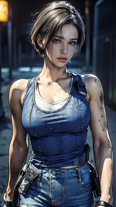 (one woman),(whole body:1.5),(front:1.5),(((jill valentine is standing:1,5))),((blue tank top:1.5)),((dirty jeans:1.5)),(black t...