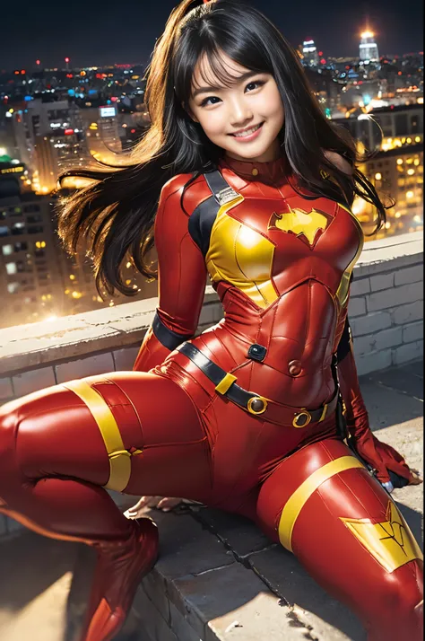 （8k、Raw photography、highest quality、masterpiece：1.2),(Black Hair、Dark Eyes:1.9),(High Ponytail:1.4)、View your audience,Viewed from the front,White skin,(Blue and yellow superhero suit:1.5)、(Tight waist:1.6)、(Clothes that accentuate the shape of the breasts...