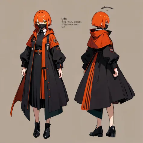 ((Masterpiece, Highest quality)), detailed face, character design sheet， full body, full of details, front view, back view of body, Highly detailed, female, The face looks mysterious., confident , red-orange hair color, short bob style ,The skin color is w...