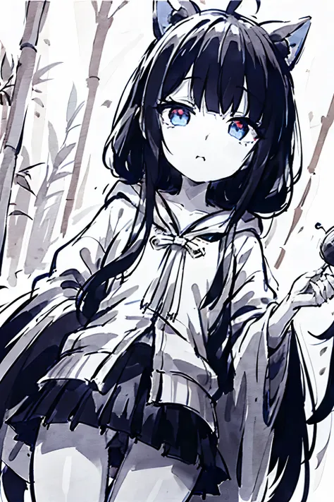 ((highest quality)), ((masterpiece)), (detailed), Monochrome、Black and White、Mysterious Girl、adult、One girl,Tall girls、hoodie、mini skirt、Patterned hood、Bamboo shoots、Ahoge、Bob Hair、blue eyes、Glowing Eyes、Hanging eyes、Bamboo shoots in mouth、Beautiful Face、B...