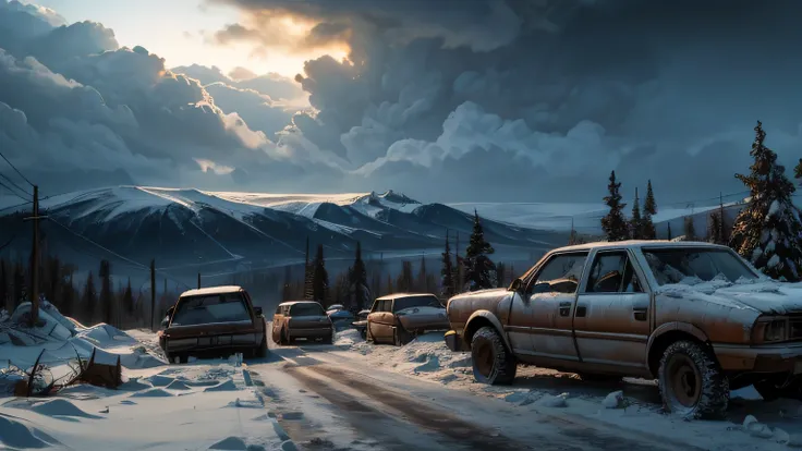 Dramatic lighting, chiaroscuro, post-apocalyptic, abandoned Russian town, vehicle wreckage piled up, dead trees, deep snow, cloudy blue sky, distant hills, tyre tracks leading into distance