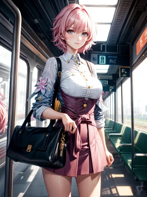 beautiful tall woman with short pink hair in a train station