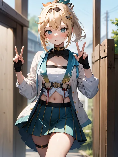 NSFW,KazamaIroha,hair ornaments、hair band、Bleaching、Haori、belly button、Black gloves、Pleated skirt、Green skirt、White knee socks、Cleavage,(Perfect hands),(Perfect Anatomy),(masterpiece),(highest quality),Embarrassed,blush,peace sign