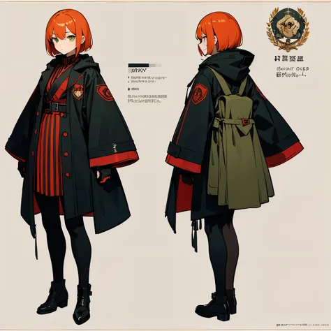 ((Masterpiece, Highest quality)), detailed face, character design sheet， full body, full of details, front view, back view of body, Highly detailed, female, The face looks mysterious., confident , red-orange hair color, short bob style ,The skin color is w...