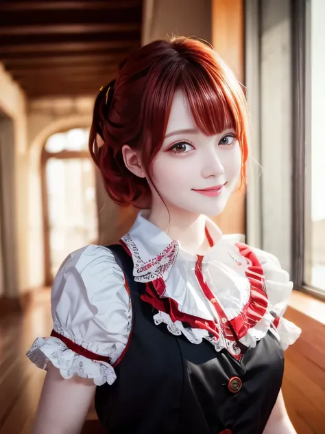 highest quality, masterpiece, Ultra high definition, Realistic:1.5, Black Hair, Red eyes, look up, Upper Body, cute, Frilled shirt, smile, Redhead, Soft Lighting, Depth of written boundary, Professional Photography