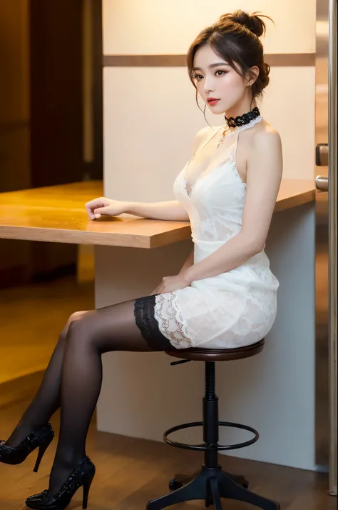 (((masterpiece))), (((highest quality: 1.4))), ((Very detailed: 1.4)) , ((Full Body Shot:1.2)), (Shot from the side), Sitting on a stool、 (See-through:1.3), ((One Woman)), Incredible beauty、Voluptuous mature woman、((choker、See-through lace dress、Ultra-real...