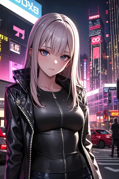 Portrait of Enhys, Beautiful Face, Cyberpunk city at night. She is wearing a leather open jacket,Black jeans, Dramatic lighting,