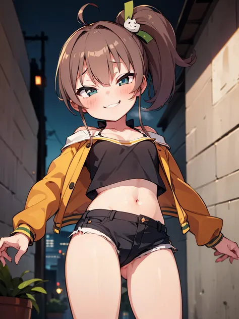 NSFW,(One girl:1.5),natsuiro matsuri,One Side Ponytail,Crop top,Jacket,Shorts,(Perfect hands),(Perfect Anatomy),(masterpiece),(highest quality),Sexually aroused face,blush,Nightlife,Narrow back alley