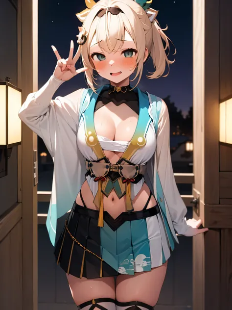 NSFW,(One girl:1.5),KazamaIroha,hair ornaments、hair band、Bleaching、Haori、belly button、Black gloves、Pleated skirt、Green skirt、White knee socks、Cleavage,(Perfect hands),(Perfect Anatomy),(masterpiece),(highest quality),Embarrassed,blush,peace sign,Japan hous...