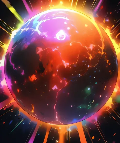 A multicolored energy orb that embodies manifestation, void background 