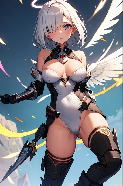 fantasy, 1angel_girl,young_teen, ,silver_hair, short_hair, long_bangs, halo,bare_shoulder,thighhighs,silver_armor, waist_armor, large_breasts,half_eyes,1pair_wings, dynamic_pose_fighting,floating, bare_crotch, headgear,gauntlet, greaves,city_background,sli...