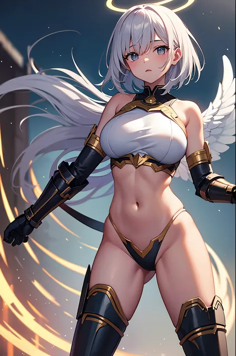 fantasy, 1angel_girl,young_teen, ,silver_hair, short_hair, long_bangs, halo,bare_shoulder,thighhighs,silver_armor, waist_armor, large_breasts,half_eyes,1pair_wings, dynamic_pose_fighting,floating, bare_crotch, headgear,gauntlet, greaves,city_background,sli...