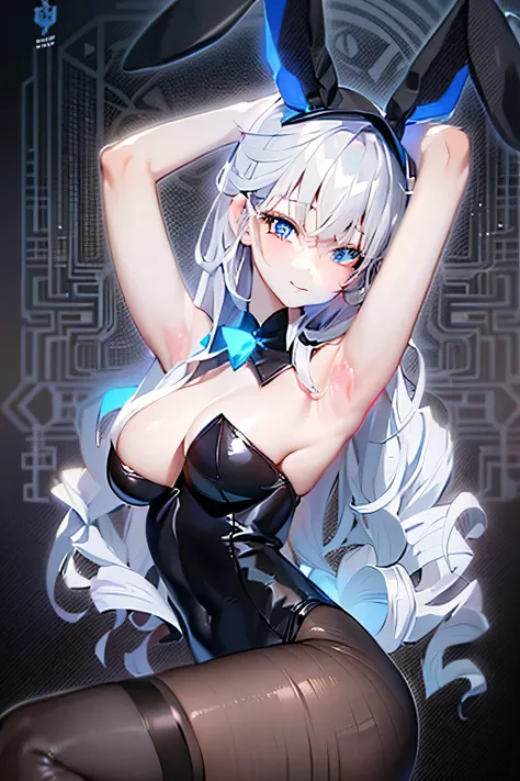 anime girl with long hair, silver-white hair, glowing blue eyes, diamond eyes, posing for a picture, anime visual of a seductive girl, black bunny suit, black laced stockings, black bunny ears head band, pretty anime girl, (anime girl), cute anime girl, cu...