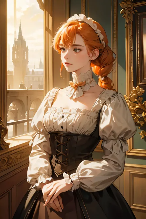 masterpiece, best quality, Practical, (absurd, High resolution, Super detailed), victorian era, Europe in the 18th century,noble,Orange hair color,braid, Delicate and meticulous, 8K, Reality, Dramatic Lighting, high quality, Complex design, classical portr...