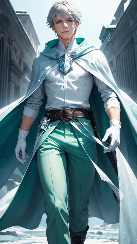 A young man, ice sorcerer, wearing a cloak made of crystal, white shirt, green pants, gloves, belt, and boots. Gray hair, gray eyes.

The prompt is: "A young man, ice sorcerer, wearing a cloak made of crystal, white shirt, green pants, gloves, belt, and bo...