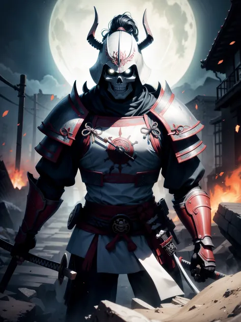 best quality, masterpieces,skull menpo face, stare eyes, (pov), eaba ElAr，samurai armor, white armor, samurai helmet, skeleton motif, bone armor, wielding katana，midnight, dark sky, moon, background on fire, dark theme, standing in front of devastated hous...