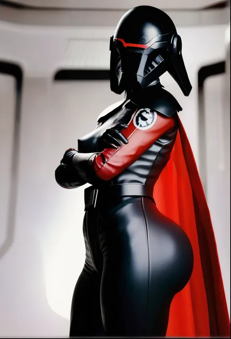 score_9, score_8_up, score_7_up, 3d, BREAK, nsfw, second_sister, trilla_suduri, star wars, inquisitor, regular lighting, Trilla, helmet with red visor, cape, armor,black gloves,tight bodysuit, black cape, black pants, imperial symbol, 2nd sister outfit sta...