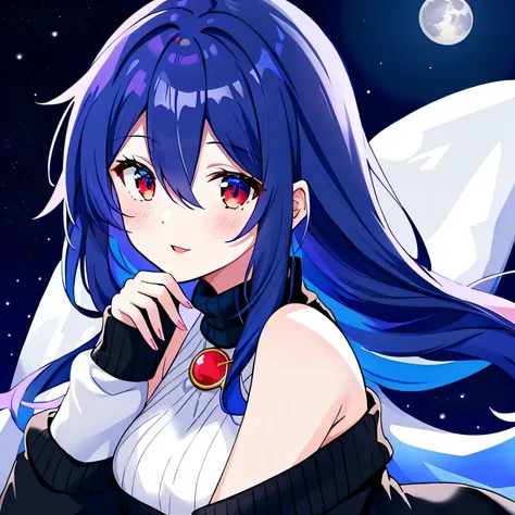 1girl, off-shoulder sweater, Masterpiece, high resolution, anime style beautiful girl, cobalt blue hair, vampire, black sweater, black and blue wings, red eyes, nighttime, blue moon