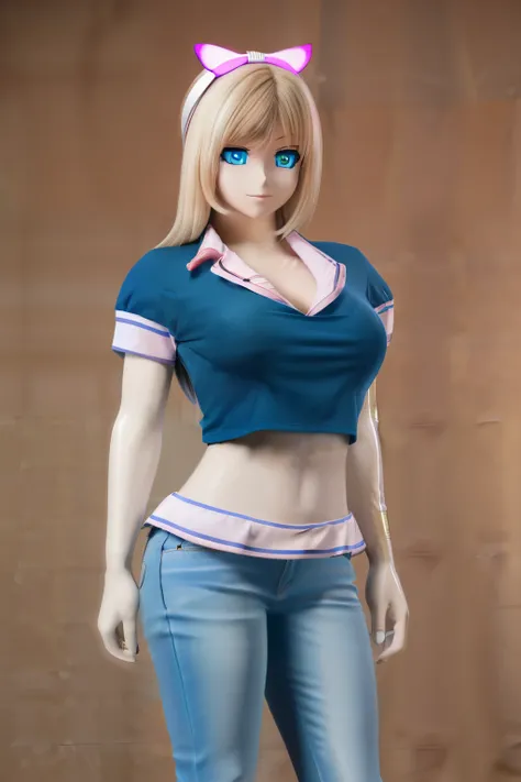 ultra high definition, highres, very detailed, animatronic housewife, blond hair, blue eyes, pink shirt, pink hairband, jeans, glowing eyes, standing erect, nsfw