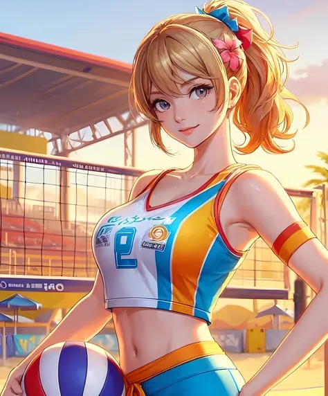 1lady standing, beach-volleyball player, (beach-volleyball uniform) (company logo), mature female, /(blond hair/) bangs, light smile, (masterpiece best quality:1.2) delicate illustration ultra-detailed, large breasts, (holding volleyball in hand) BREAK (ou...