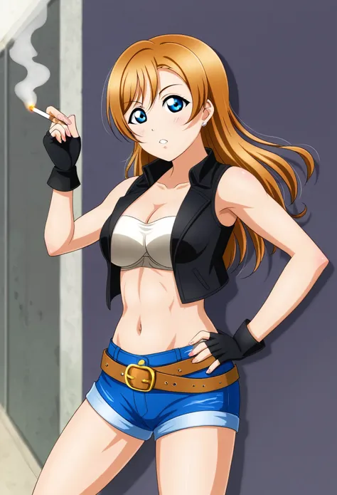 masterpiece, best quality, cowboy shot, kousaka honoka,blue eyes, hentai style,solo, love live style ,1girl, solo, poor street, cleavage, medium_breasts, solo, boots, sleeveless, midriff, belt, fingerless_gloves, bra, vest, short_shorts, strapless, denim, ...