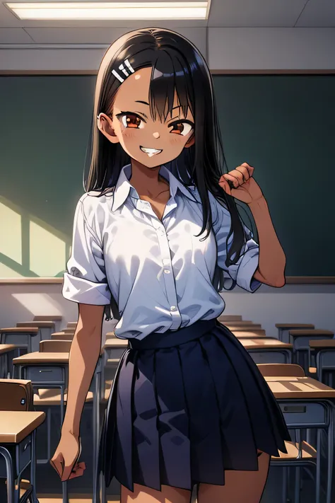 One girl, Cowboy Shot, Grin, classroom, fighting sSunburnce, 
nagatoro_hayase, Brown eyes, Black Hair, Long Hair, Dark Skin, Woman with dark skin, Sunburn, Sunburnlines, Hair Clip, , White shirt, Collared shirt, Pleated skirt, highest quality, masterpiece,...