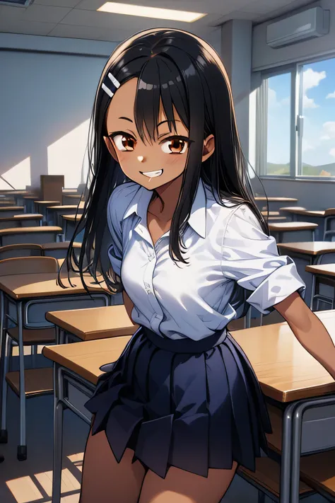 One girl, Cowboy Shot, Grin, classroom, fighting sSunburnce, 
nagatoro_hayase, Brown eyes, Black Hair, Long Hair, Dark Skin, Woman with dark skin, Sunburn, Sunburnlines, Hair Clip, , White shirt, Collared shirt, Pleated skirt, highest quality, masterpiece,...