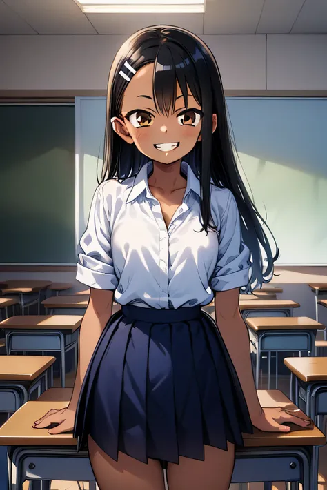 One girl, Cowboy Shot, Grin, classroom, fighting sSunburnce, 
nagatoro_hayase, Brown eyes, Black Hair, Long Hair, Dark Skin, Woman with dark skin, Sunburn, Sunburnlines, Hair Clip, , White shirt, Collared shirt, Pleated skirt, highest quality, masterpiece,...